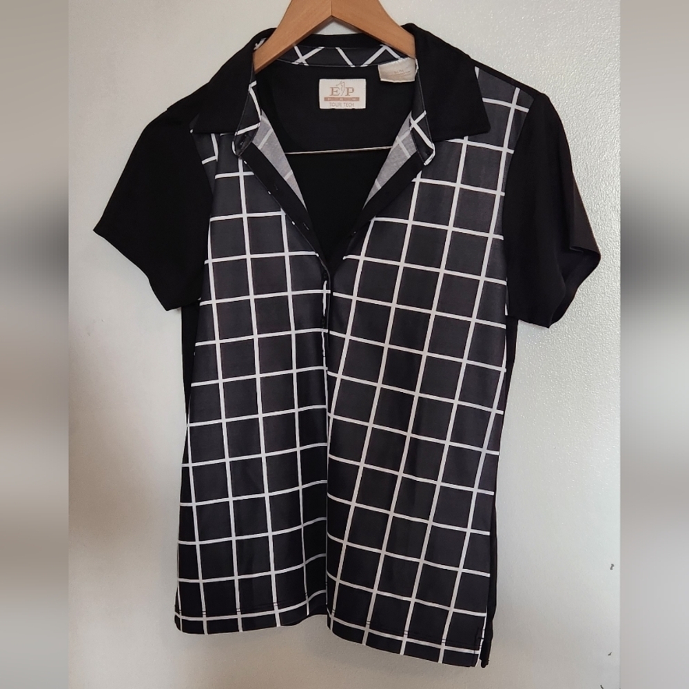 EP Pro Black Short Sleeve Grid-Print Golf Polo